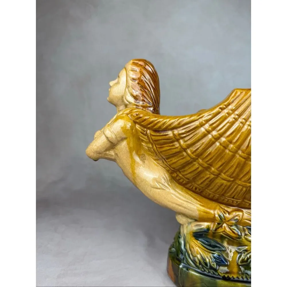 Vintage Mermaid Masthead Nautical Shell Pottery Ceramic Bowl Compote Large Boat - Picture 2 of 12